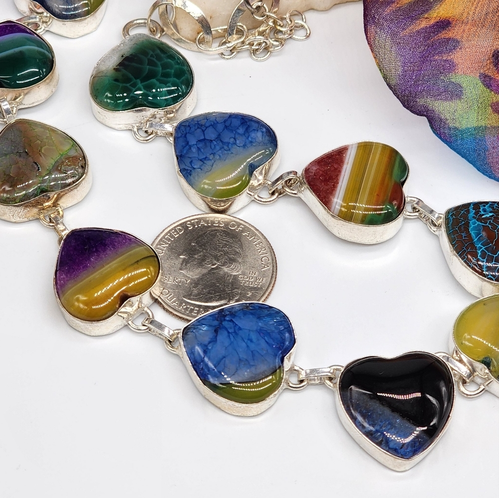 Vintage Jewelry Sterling Silver 925 Necklace Genuine Agate Stones Heart - Picture 12 of 15